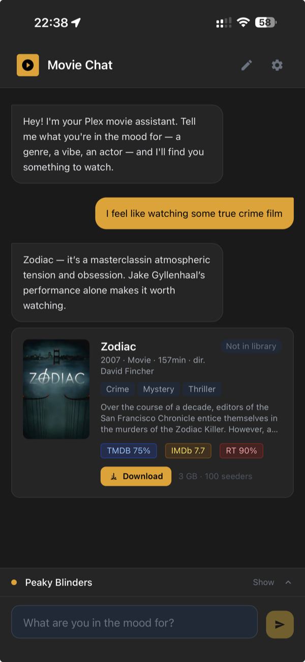 Movie recommendation with poster, ratings, and download button