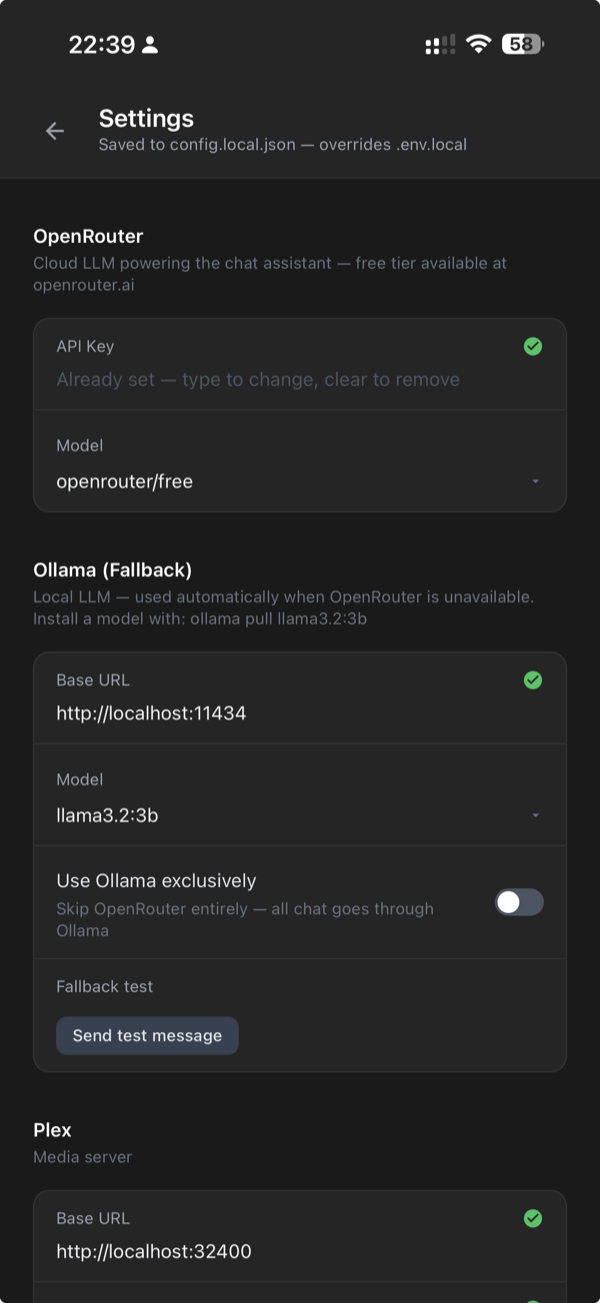 Settings page with service status indicators
